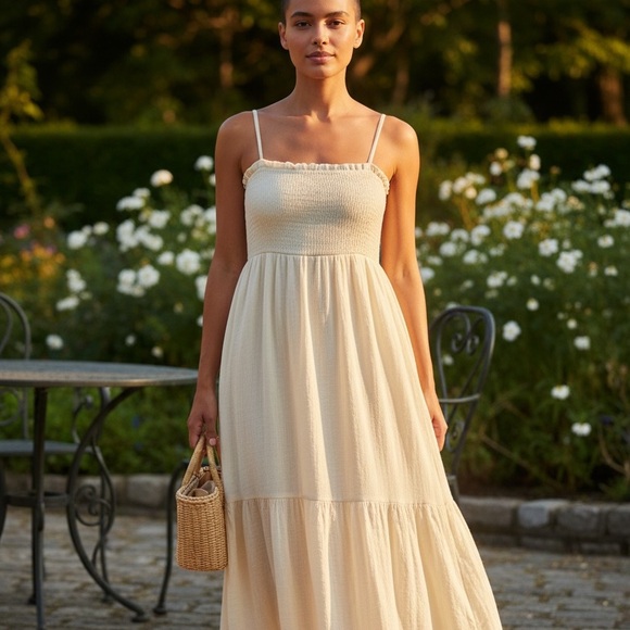Carly Jean Los Angeles Dresses & Skirts - Carly Jean LA Cream Smocked Midi Dress Tiered Cotton Sundress Size S